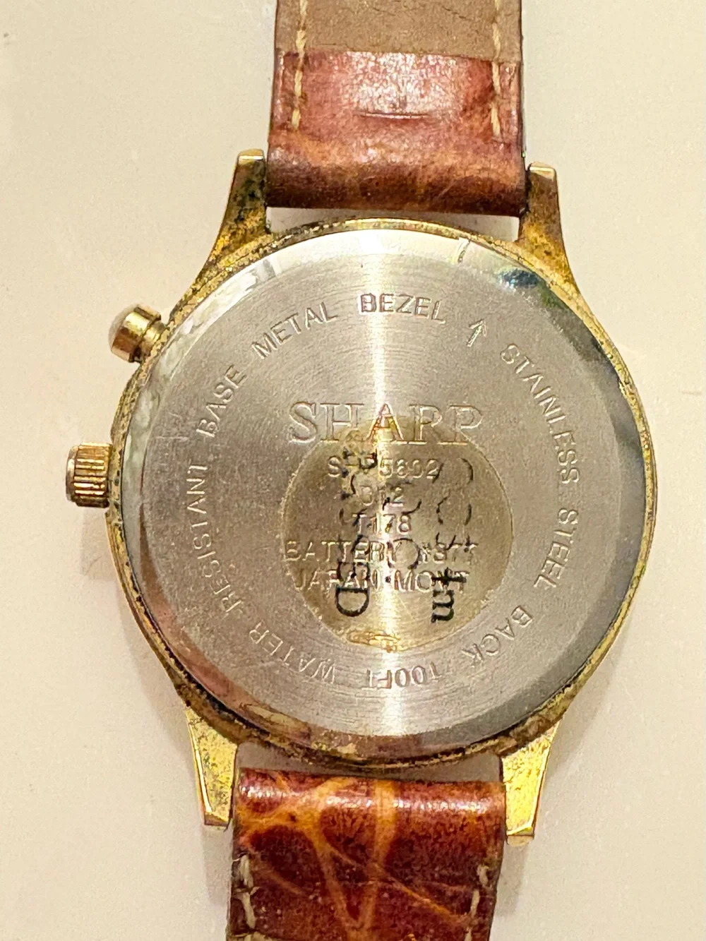 SHARP Opti-Glo Quartz 100ft WR Gold Tone SS Brown Leather White Dial Watch